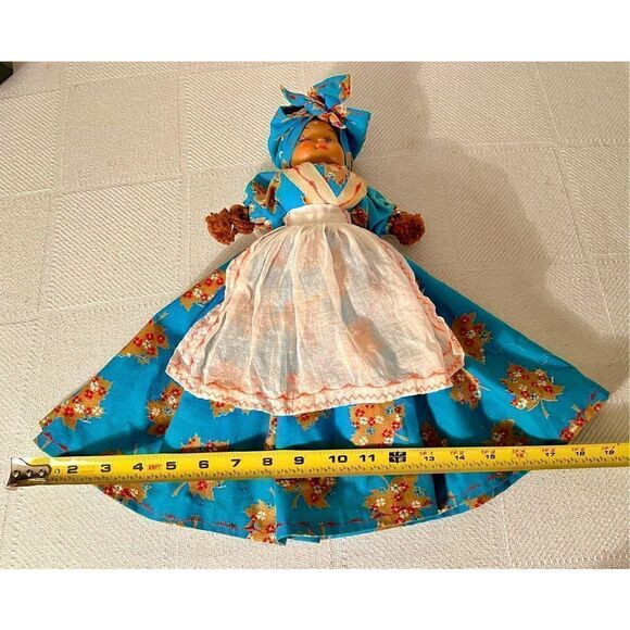 Vintage Hand Made Primitive Doll, Afro-Carribean Apron & Bandana W Gold Earrings - Picture 11 of 11